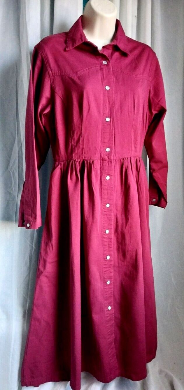 Vintage 80's Red Denim Western Style Dress Pearl Snap Button Gitano Medium